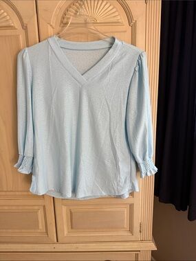Light Blue V-Neck Smocked Cuff Blouse